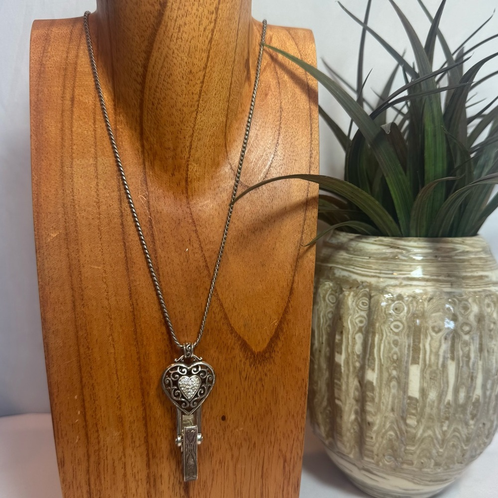 Brighton Silver Heart Lanyard Pendant Necklace, Reno Heart Badge Clip Necklace